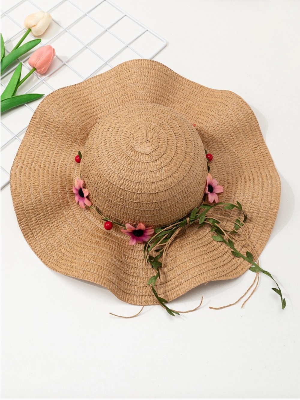SHEIN Tan Straw Floppy Hat with Pink Floral & Red Bead Trim - Picture 2 of 5